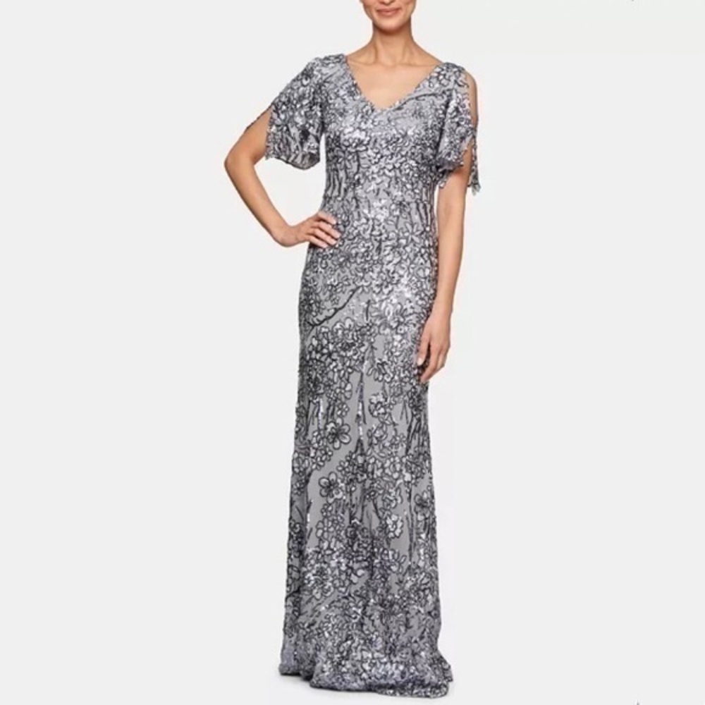 Alex Evenings Sequinned Cold-Shoulder Gown in Silver